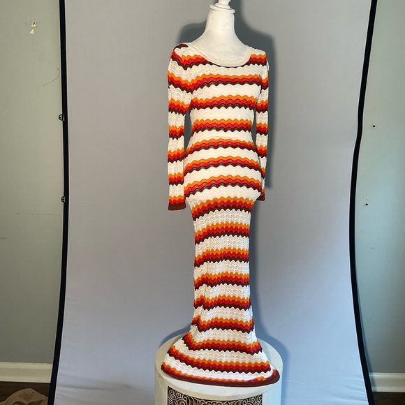 Bodycon Striking Striped Long Sleeve Crocheted Maxi Dress with Deep Scoop Back - Picture 1 of 16